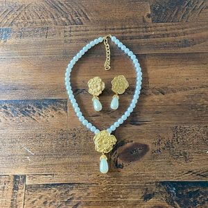 Vintage 80s Avon Gold Flower Pearl Drop Earrings and Necklace Set